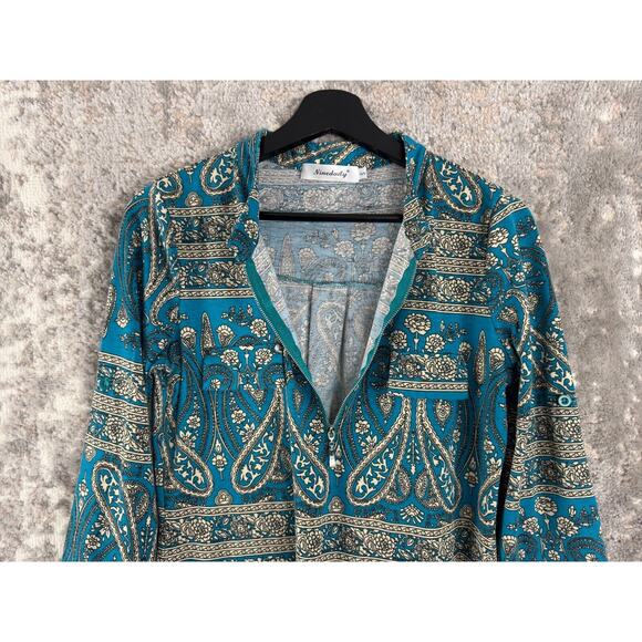 Ninedaily Womens Size S Floral Stretch 1/4 Zip Top Blue Roll Tab Sleeve - Picture 5 of 11